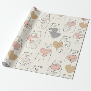 Knuffige Beer en Hartjes -- Pastelkleurige Kinderk Cadeaupapier