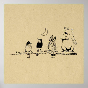 Knuffige Beer en Vogels die naar de Maan Zingen Ku Poster