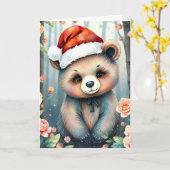 Knuffige beer met kerstmuts kerstkaart kaart (Gele Bloem)