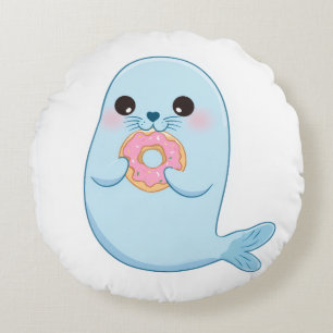 Knuffige Blauwe Zeehond met Donut Ronde Kussen