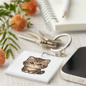 Knuffige Bruine Tabby Kat Sleutelhanger van Acryl (Voorkant Rechts)