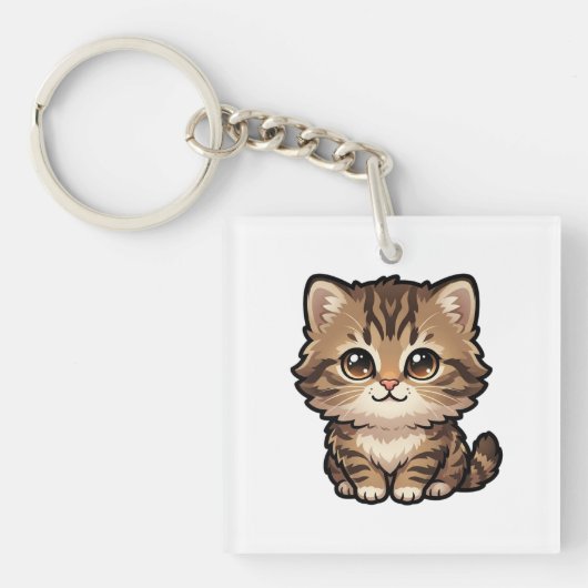 Knuffige Bruine Tabby Kat Sleutelhanger van Acryl (voorkant)