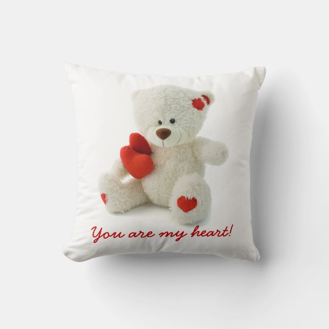 Knuffige Fluffy Witte Teddibeer Met een Hart Kussen (Voorkant)