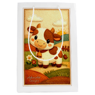 Knuffige Gevoelde Koe Boerderij Scene Medium Cadeauzakje
