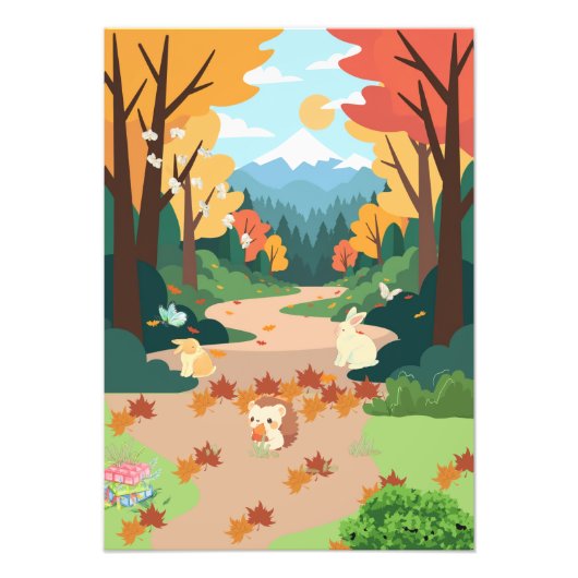 Knuffige herfstbosdieren knus landschapskunstposte foto afdruk (Voorkant)