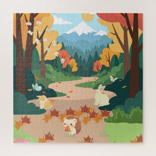 Knuffige herfstbosdieren knus landschapskunstposte legpuzzel (Verticaal)