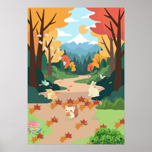 Knuffige herfstbosdieren knus landschapskunstposte poster (Voorkant)