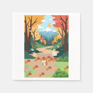 Knuffige herfstbosdieren knus landschapskunstposte servet