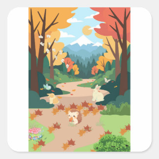 Knuffige herfstbosdieren knus landschapskunstposte vierkante sticker