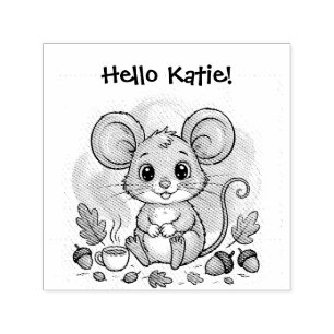 Knuffige herfstmuis met eikels en koffie zelfinktende stempel