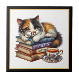 Knuffige kat leeshoek bibliotheek boekenliefhebber tegeltje
