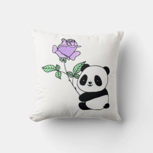 Knuffige pandabeer met paarse roos bloem kussen