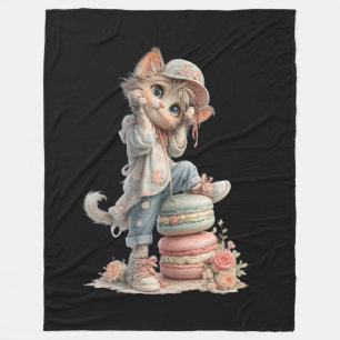 Knuffige Pastel Schattige Kat & Macaron Snoepjes K Fleece Deken