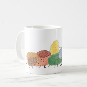 Knuffige pluizige wezens op een koffiemok