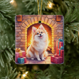 Knuffige Pomeranian Gezellige Kerst Haard Hond Kun Keramisch Ornament