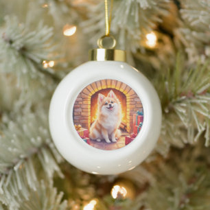 Knuffige Pomeranian Gezellige Kerst Kachel Hond Ku Keramische Bal Ornament