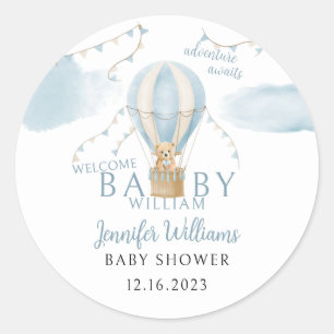 Knuffige teddybeer avontuur babyjongen showerstick ronde sticker