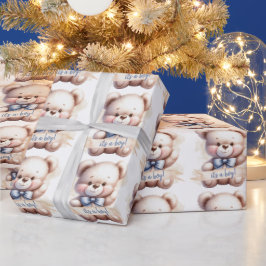 Knuffige teddybeer baby shower Het is een jongen w Cadeaupapier