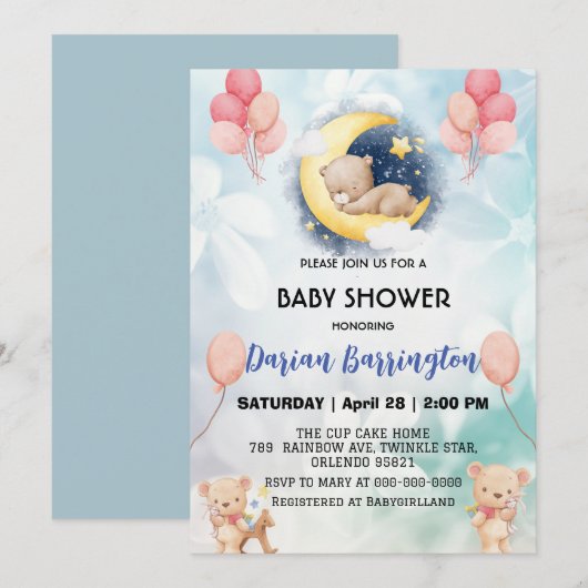 knuffige teddybeer bloem ballongeboren babyfeestje kaart (Voorkant / Achterkant)