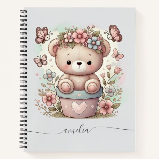 Knuffige teddybeer & bloemige aangepaste naam notitieboek (Voorkant)