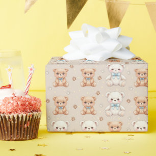 Knuffige teddybeer en blauwe strikken naadloos pat cadeaupapier