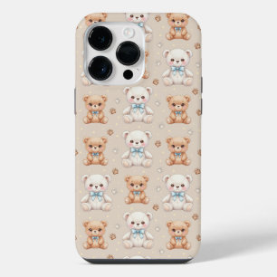 Knuffige teddybeer en blauwe strikken naadloos pat iPhone 14 pro max hoesje