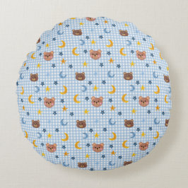 Knuffige teddybeer en maanpatroon op blauwe geruit rond kussen