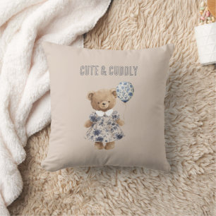 Knuffige teddybeer in blauwe bloemjurk kussen