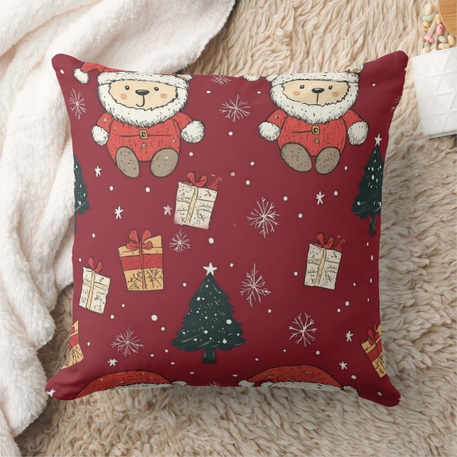 Knuffige teddybeer & Kerstman op rood (1) Kussen (Deken)