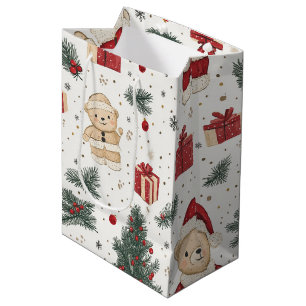 Knuffige teddybeer & Kerstman op Wit (3) Medium Cadeauzakje