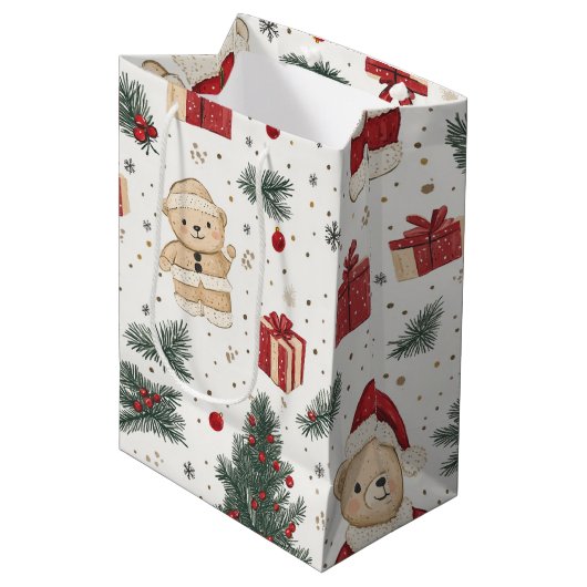 Knuffige teddybeer & Kerstman op Wit (3) Medium Cadeauzakje (Voorkant Gekanteld)