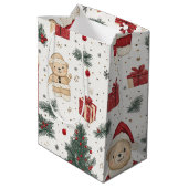 Knuffige teddybeer & Kerstman op Wit (3) Medium Cadeauzakje (Achterkant Gekanteld)