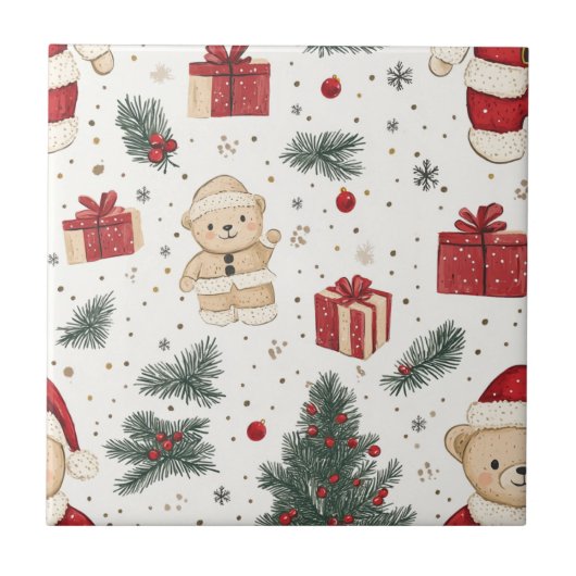 Knuffige teddybeer & Kerstman op Wit (3) Tegeltje (Voorkant)