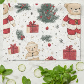 Knuffige teddybeer & Kerstman op Wit (3) Theedoek (Gevouwen)
