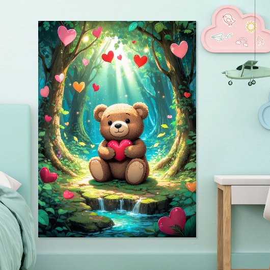 Knuffige teddybeer met hart in bos poster