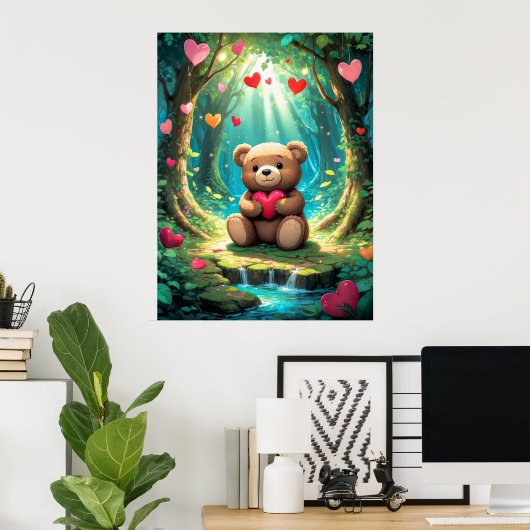 Knuffige teddybeer met hart in bosposter poster (Thuiskantoor)