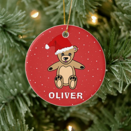 Knuffige teddybeer met kerstmuts naam keramisch ornament (Boom)