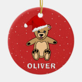 Knuffige teddybeer met kerstmuts naam keramisch ornament (Voorkant)