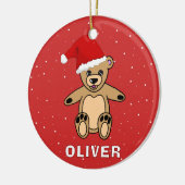 Knuffige teddybeer met kerstmuts naam keramisch ornament (Links)