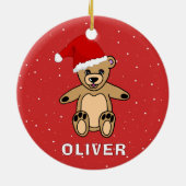 Knuffige teddybeer met kerstmuts naam keramisch ornament (Achterkant)