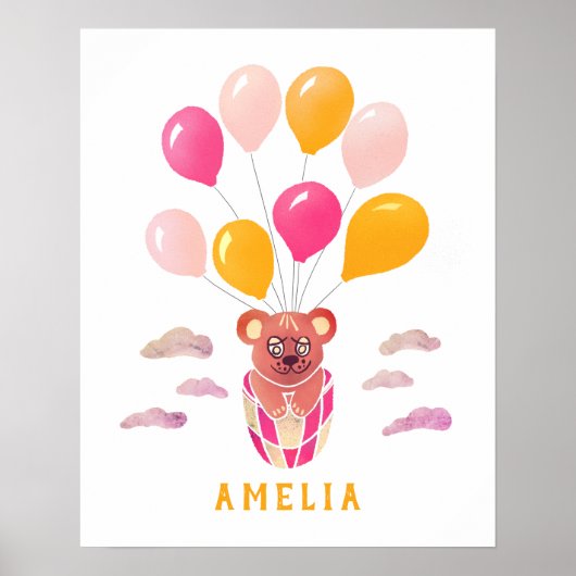 Knuffige teddybeer met roze ballonnen naam poster (Voorkant)