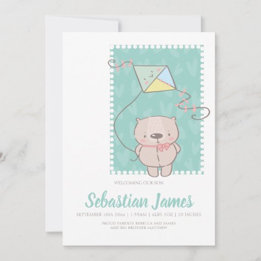 Knuffige teddybeer met vlieger nieuwe baby aankondiging (Voorkant)