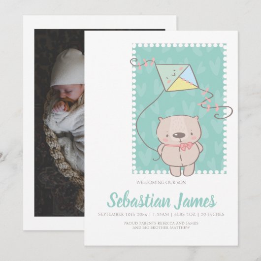 Knuffige teddybeer met vlieger nieuwe baby aankondiging (Voorkant / Achterkant)