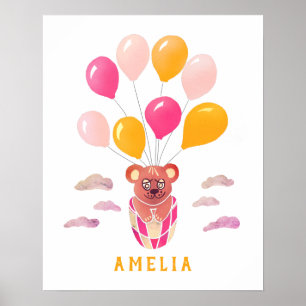 Knuffige teddybeer roze ballonnen naam poster voor
