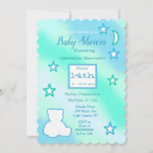 Knuffige teddybeer, sterren en maan blauw en groen kaart (Voorkant)