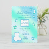 Knuffige teddybeer, sterren en maan blauw en groen kaart (Staand voorkant)