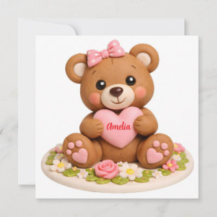 Knuffige teddybeerfiguur met naamhart feestdagenkaart