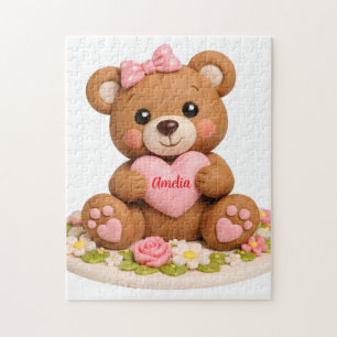 Knuffige teddybeerfiguur met naamhart legpuzzel