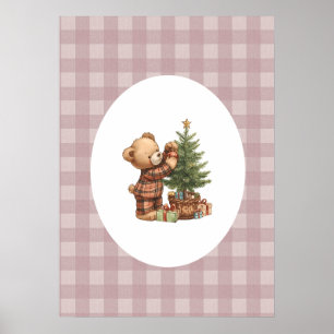 Knuffige Teddydbeer Kerst Kunst Roze Kinderkamer Poster