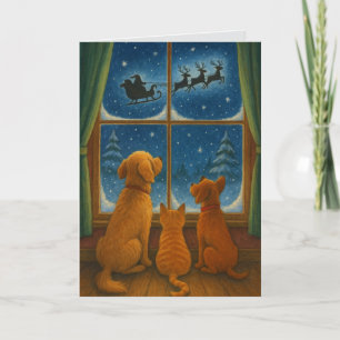 Knuffige vrienden die naar Kerstman kijken op Kers Kaart